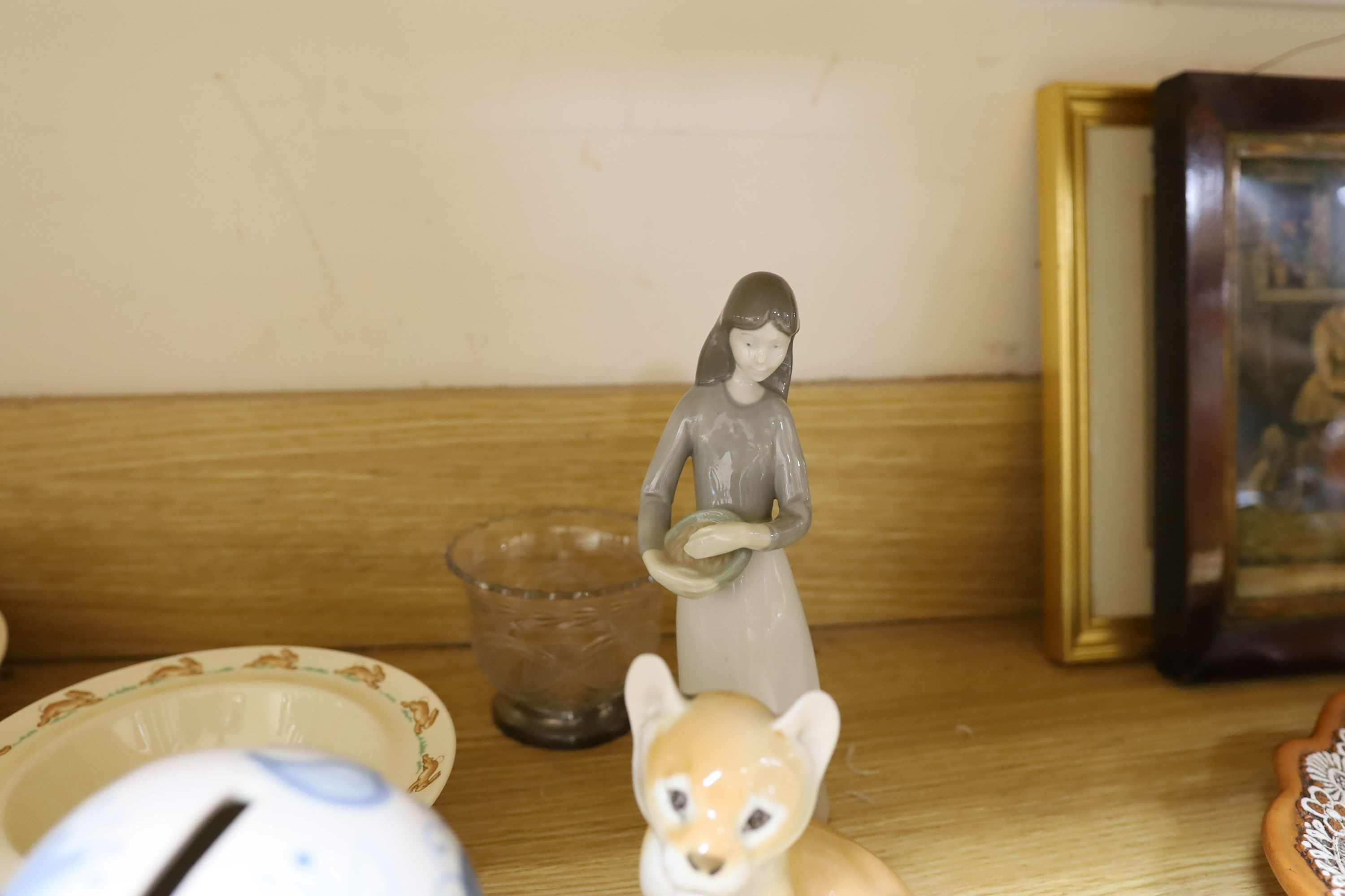 A Rye pottery pig money box and sundry china including Lladro and Bunnykins
